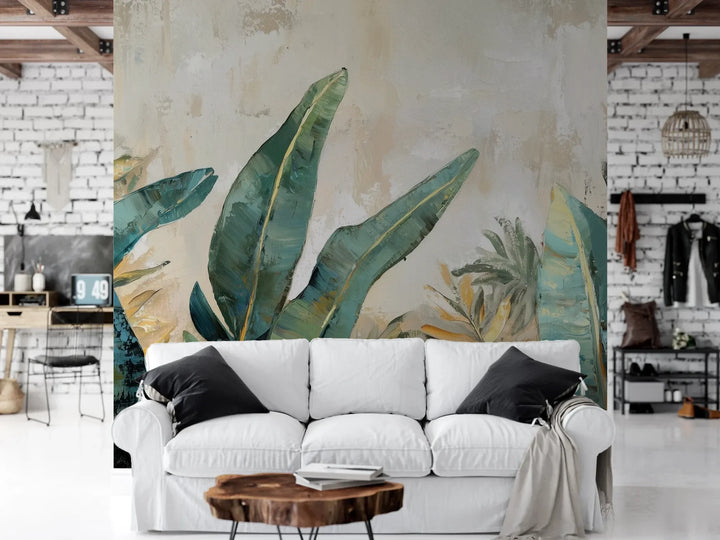 Wzór fototapety AQUA FOLIAGE - tapeta z tropikalnymi liśćmi w turkusowych odcieniach pokazanej w aranżacji salonu.