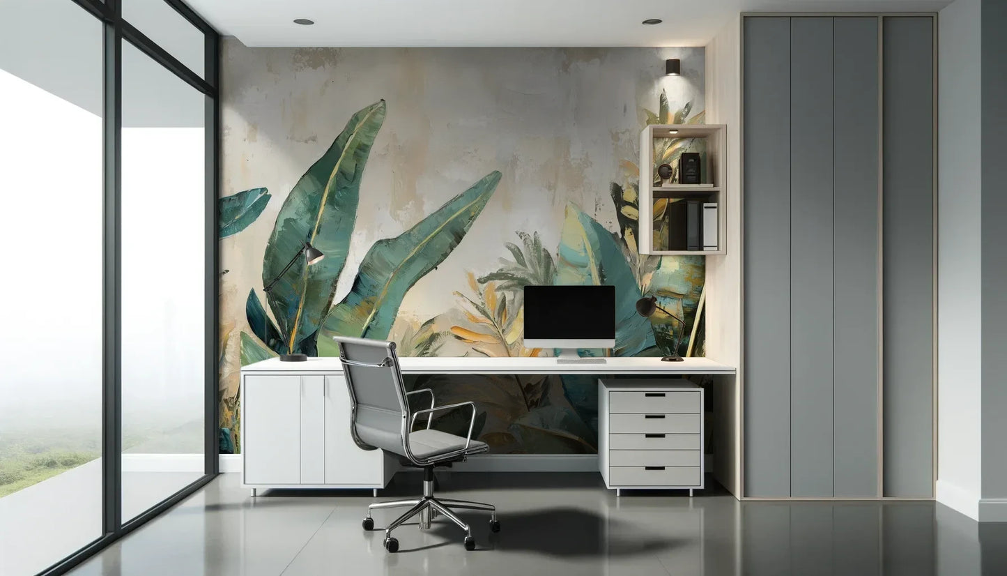Fototapeta AQUA FOLIAGE - tapeta z tropikalnymi liśćmi w turkusowych odcieniach pokazana w aranżacji biura.