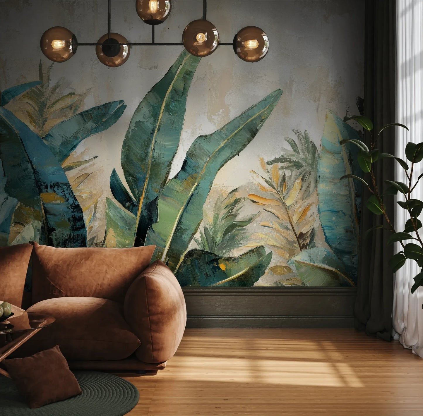 Fototapeta AQUA FOLIAGE - tapeta z tropikalnymi liśćmi w turkusowych odcieniach pokazana w aranżacji wnętrza z akcentem na ścianie.