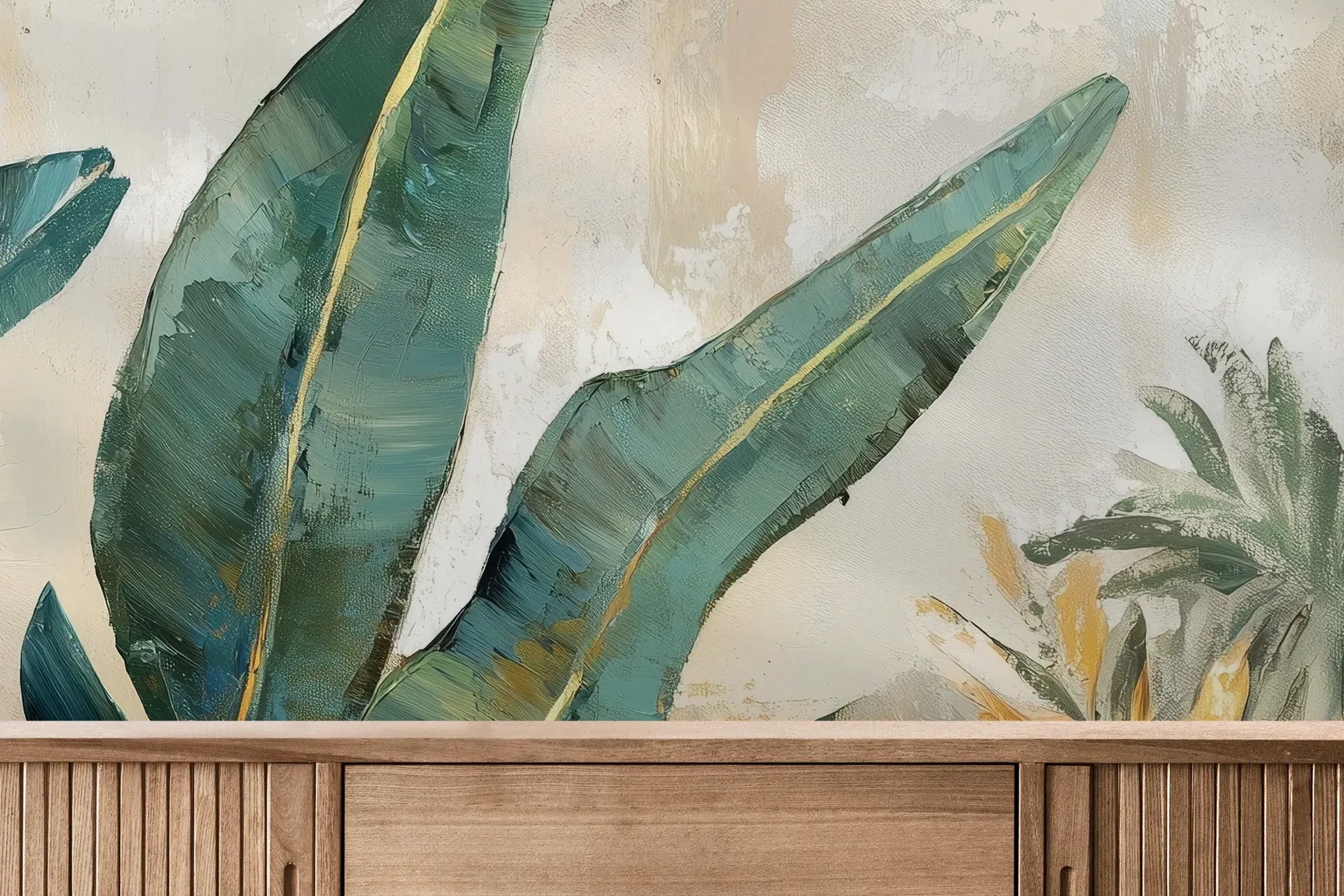Fototapeta AQUA FOLIAGE - tapeta z tropikalnymi liśćmi w turkusowych odcieniach pokazana w aranżacji wnętrza z akcentem na ścianie.