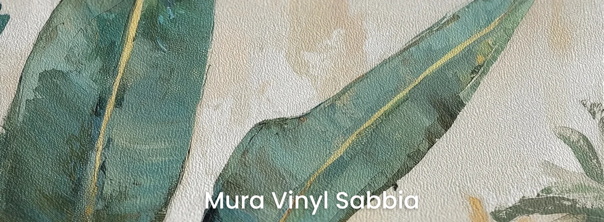 Zbliżenie na fototapetę AQUA FOLIAGE - tapeta z tropikalnymi liśćmi w turkusowych odcieniach na podłożu o strukturze ziarna piasku.