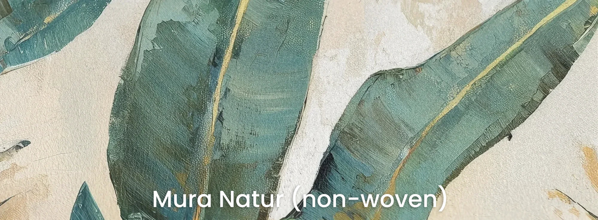 Zbliżenie na fototapetę AQUA FOLIAGE - tapeta z tropikalnymi liśćmi w turkusowych odcieniach na naturalnym podłożu ekologicznym.