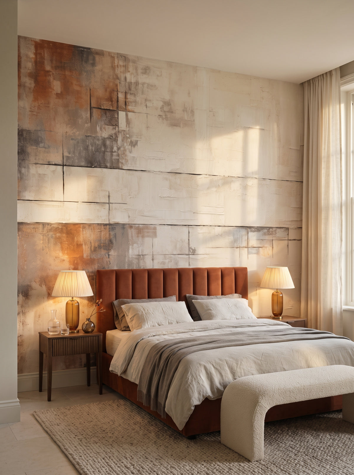 Fototapeta artystyczna o nazwie Burnt Sienna Harmony w aranżacji wnętrza: sypialnia w apartamencie pięciogwiazdkowego hotelu.