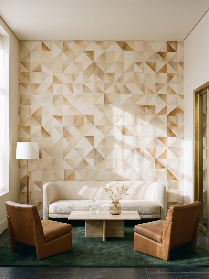 Fototapeta artystyczna o nazwie Pyramid Shade w aranżacji wnętrza: hotelowy lobby lounge z ciemnym kamieniem i zielonym dywanem.