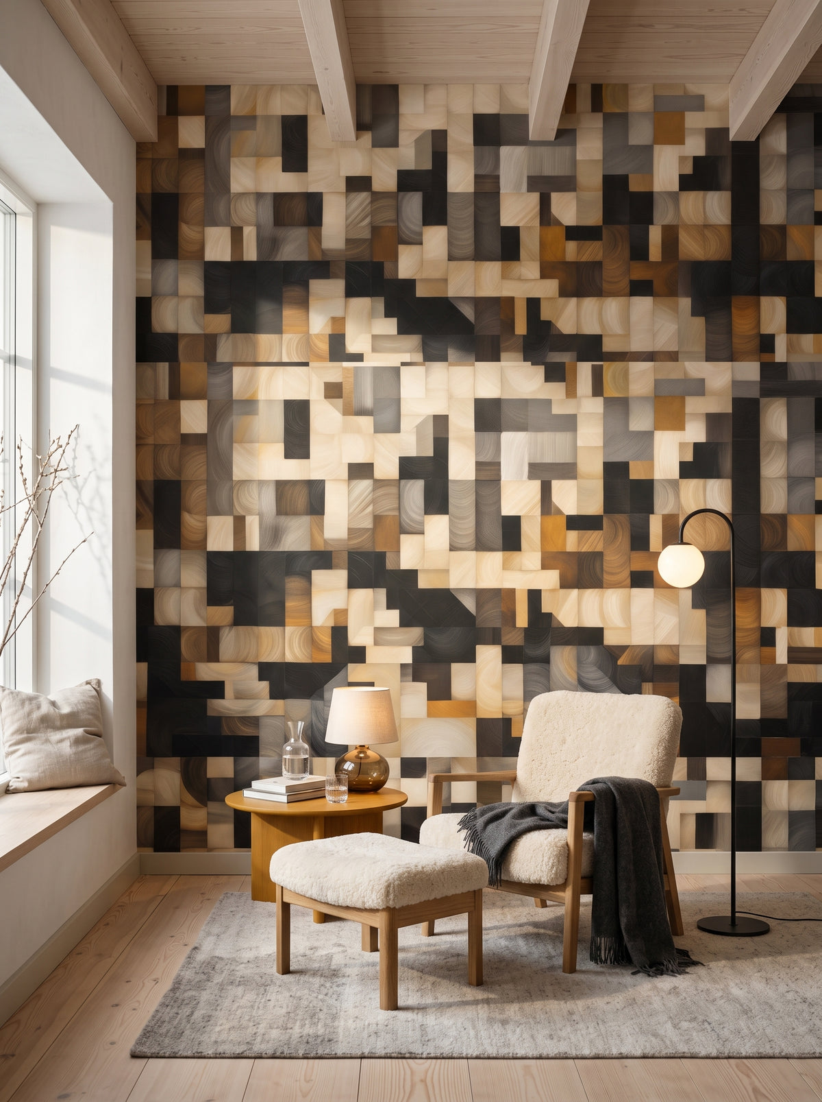Fototapeta artystyczna o nazwie Abstract Woodblock w aranżacji wnętrza: kącik do czytania w skandynawskiej willi.