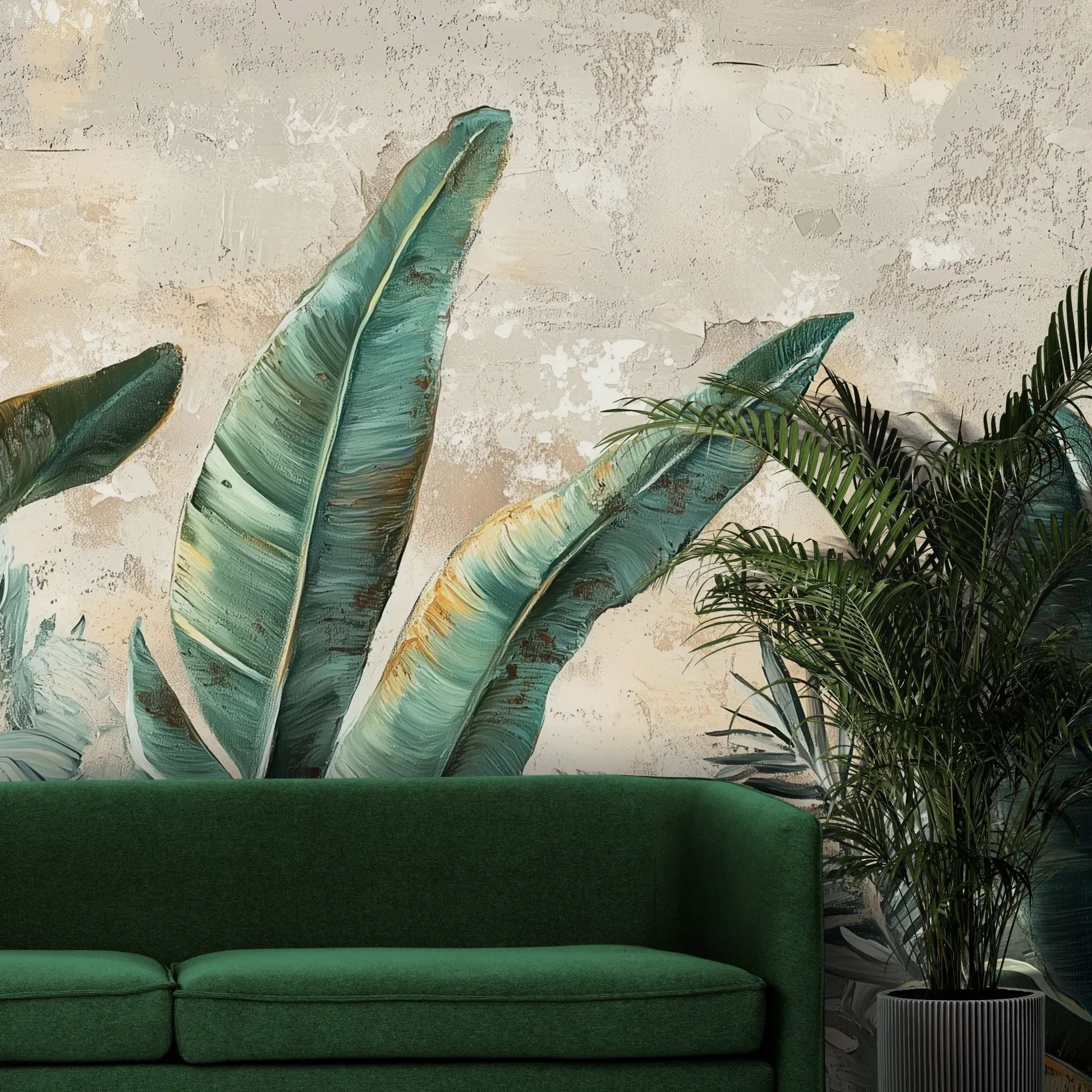 Fototapeta TURQUOISE LEGACY - tapeta z tropikalnymi liśćmi bananowca w turkusowych odcieniach pokazana w aranżacji wnętrza z akcentem na ścianie.