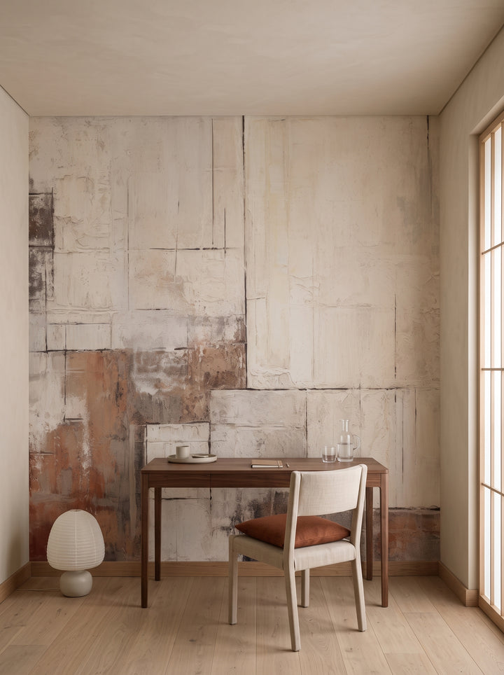 Fototapeta artystyczna o nazwie Ivory Composition w aranżacji wnętrza: gabinet w stylu japandi.
