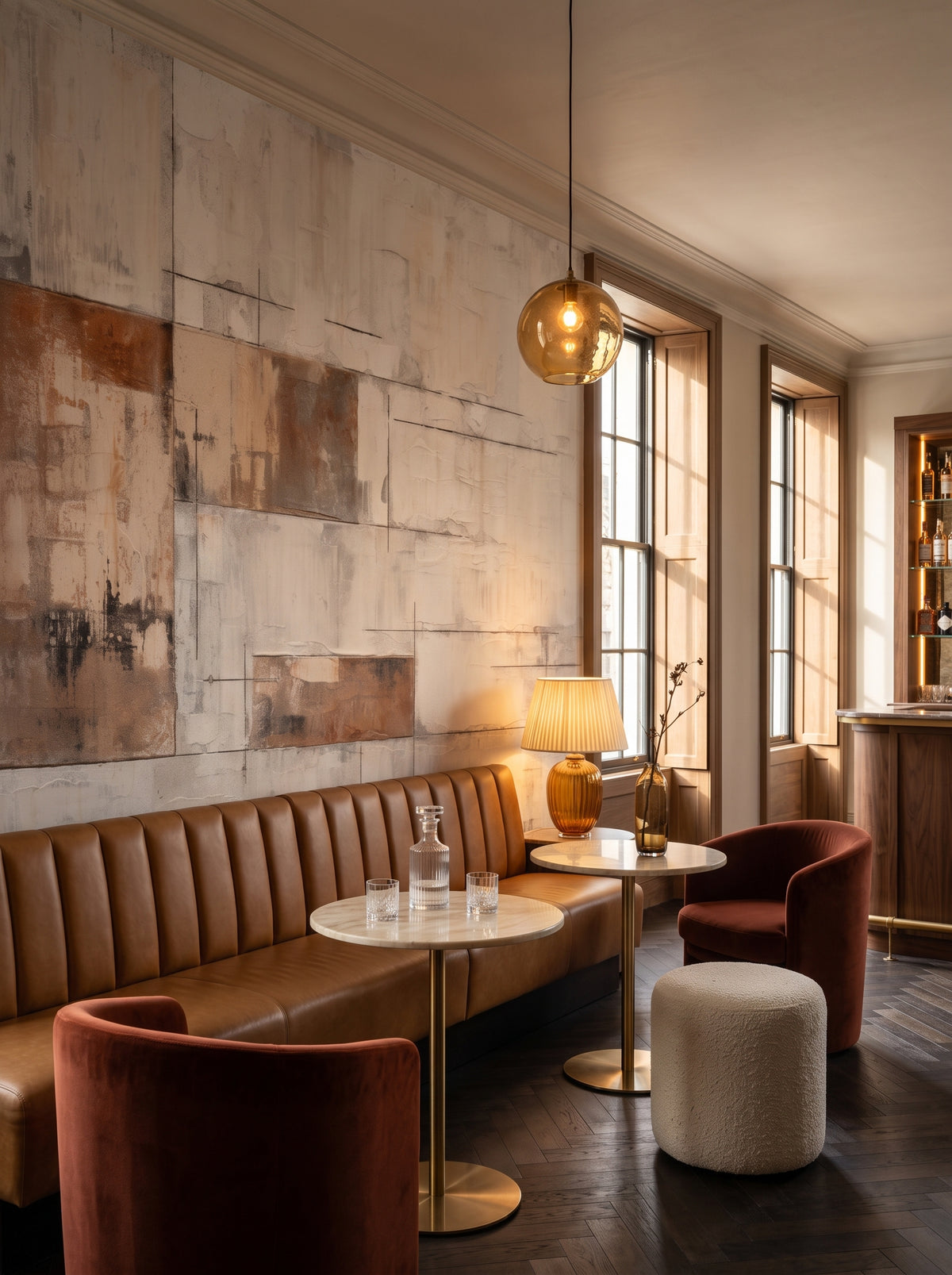 Fototapeta artystyczna o nazwie Copper Tones Mosaic w aranżacji wnętrza: bar-lounge w butikowym hotelu.