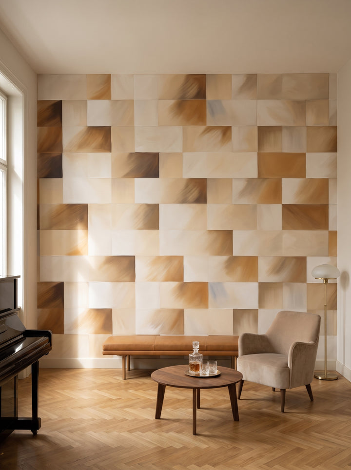 Fototapeta artystyczna o nazwie Beige Bricks w aranżacji wnętrza: salon muzyczny w wiedeńskiej kamienicy.