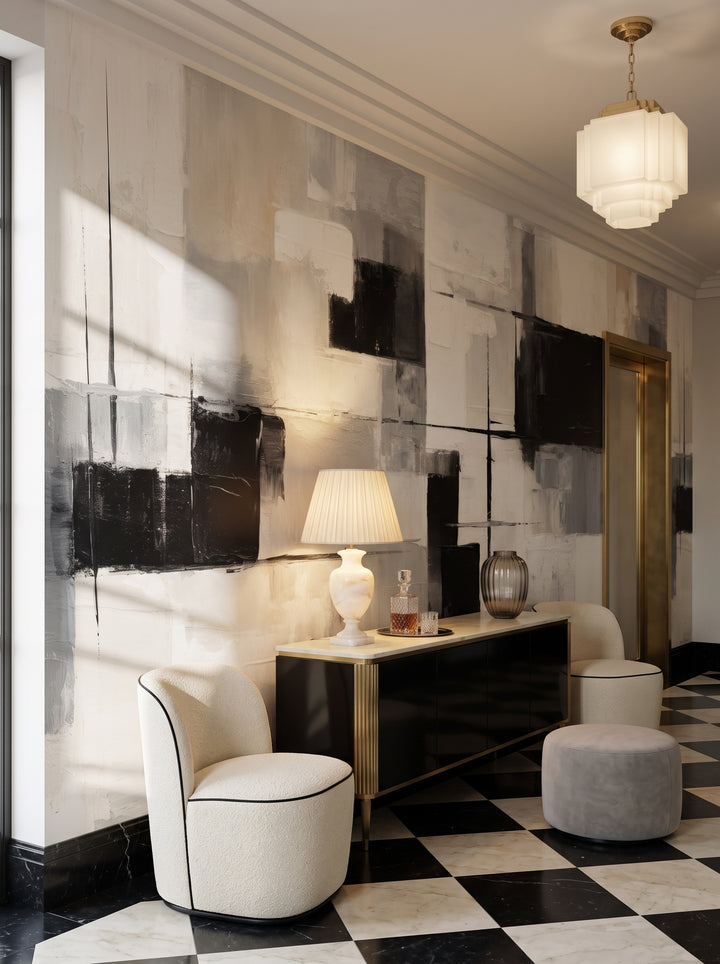 Fototapeta artystyczna o nazwie Structured Silence w aranżacji wnętrza: galeria wejściowa w apartamencie art déco.