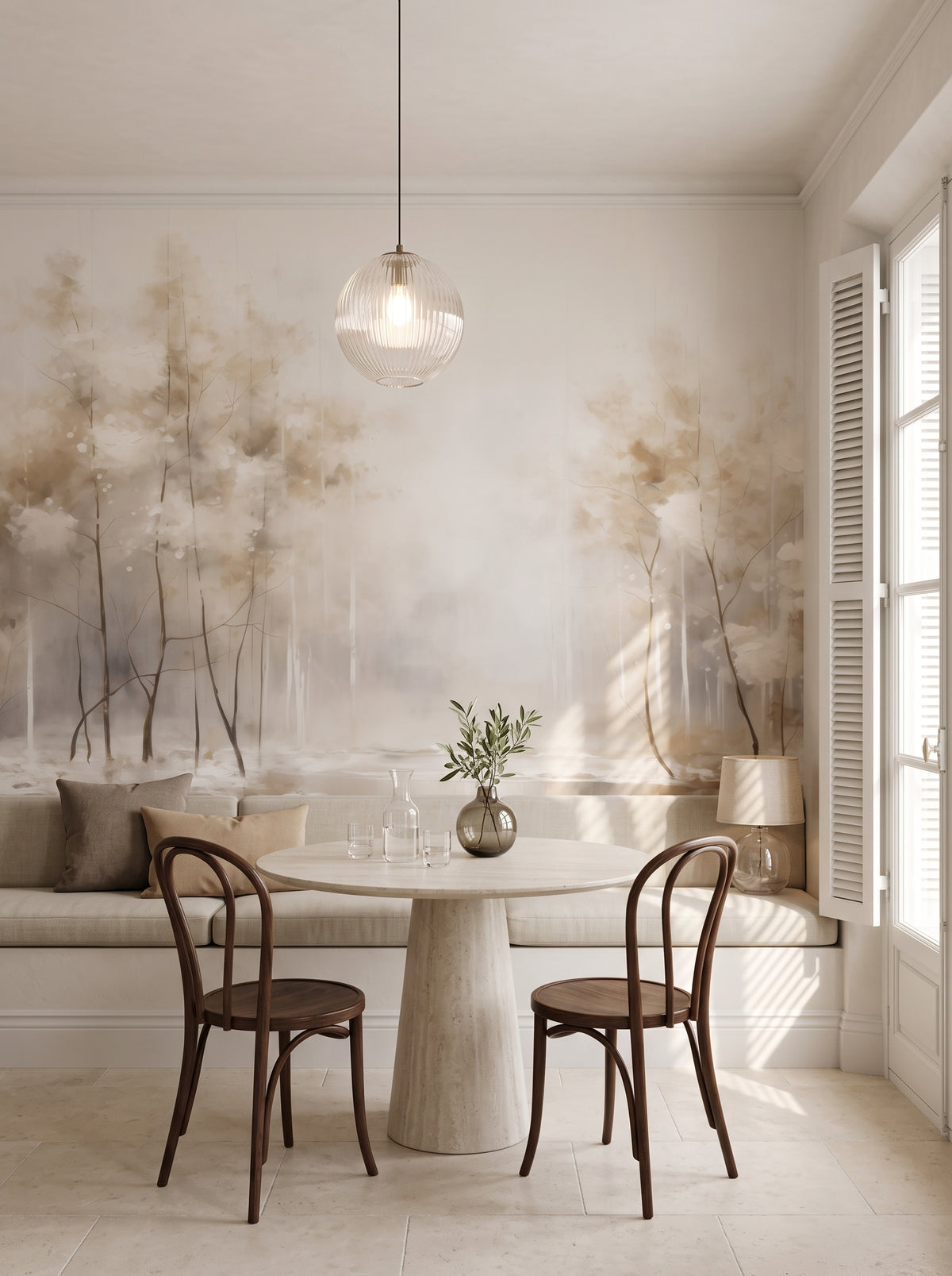 Fototapeta artystyczna o nazwie SOFT WINTER GLOW MURAL w aranżacji wnętrza: kącik śniadaniowy w willi na Lazurowym Wybrzeżu.