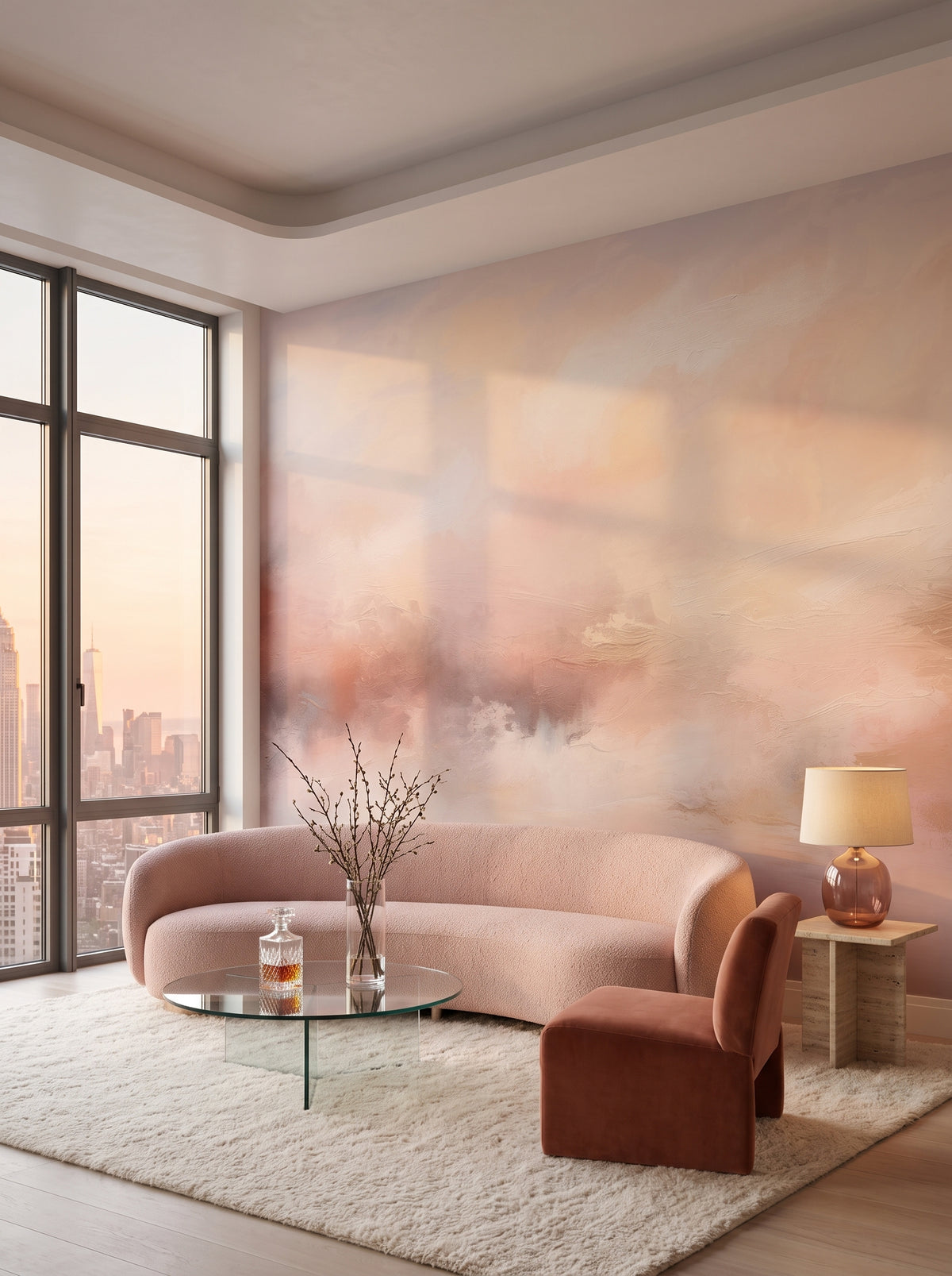 Fototapeta artystyczna o nazwie DAWN MIST w aranżacji wnętrza: salon w penthousie na Manhattanie.