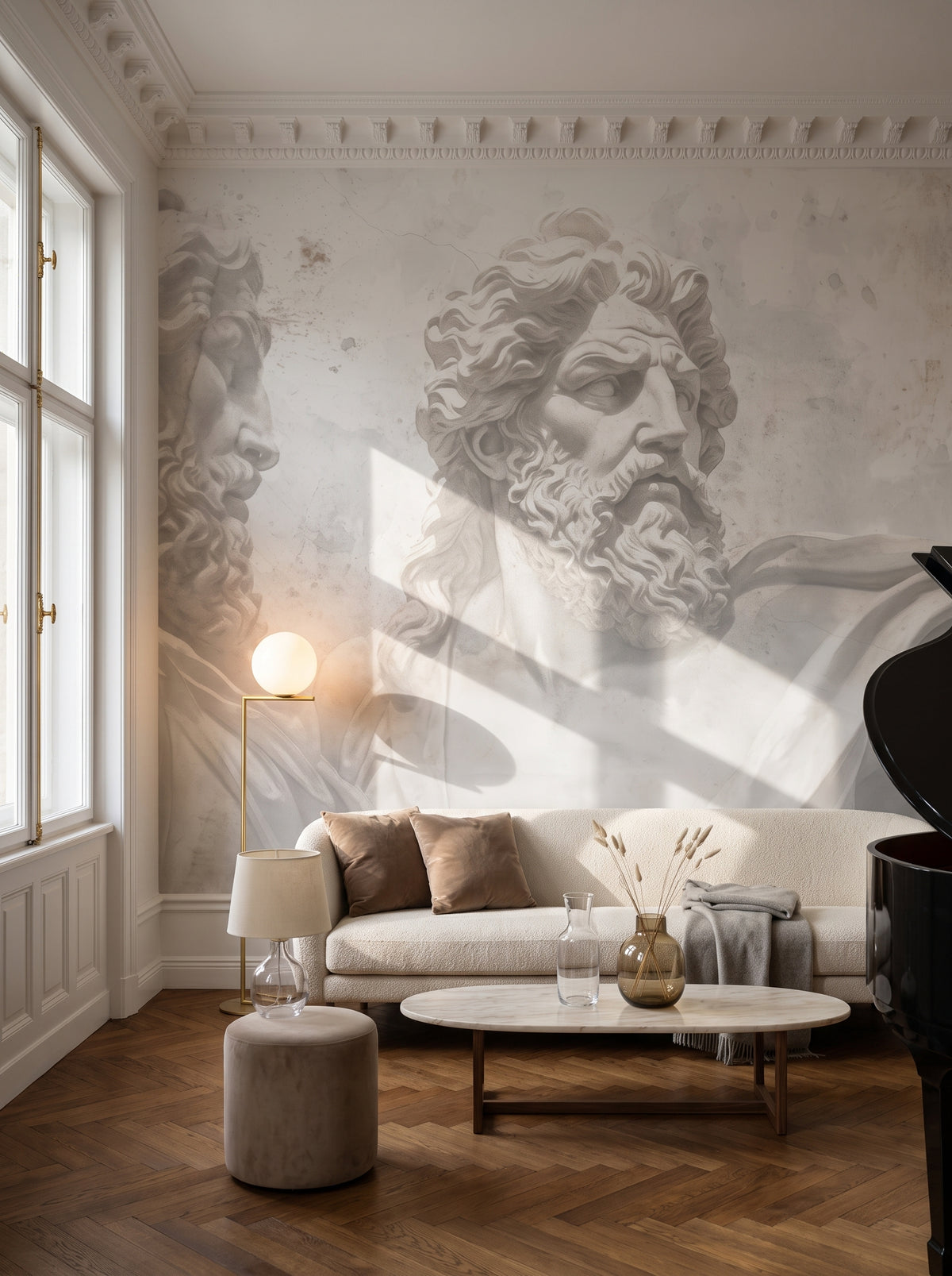 Papier peint panoramique artistique « Stoic Gaze » dans un intérieur : salon de musique dans un immeuble ancien viennois.