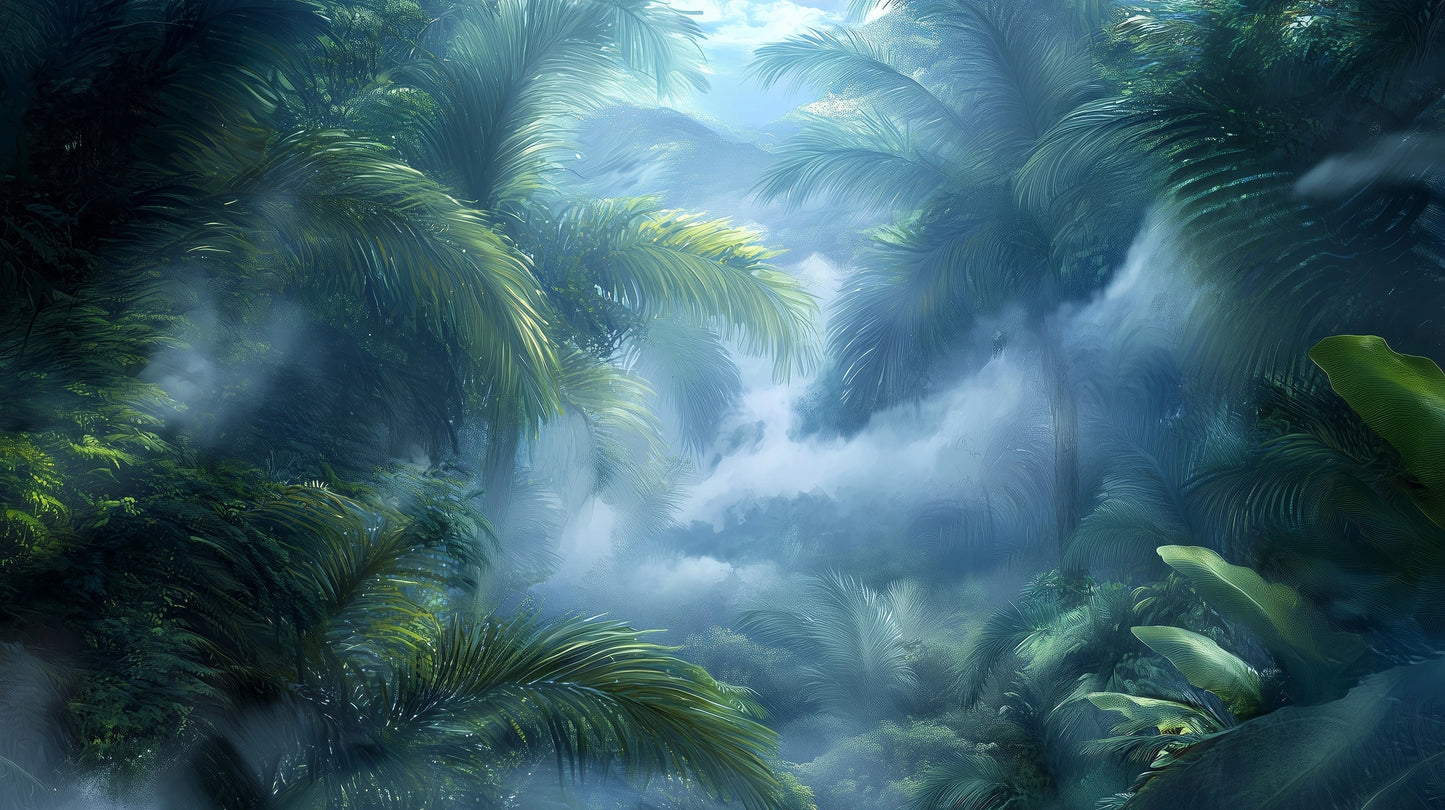 Prezentacja całego wzoru fototapety o nazwie MISTY PARADISE - tapeta z tropikalną mglistą dżunglą