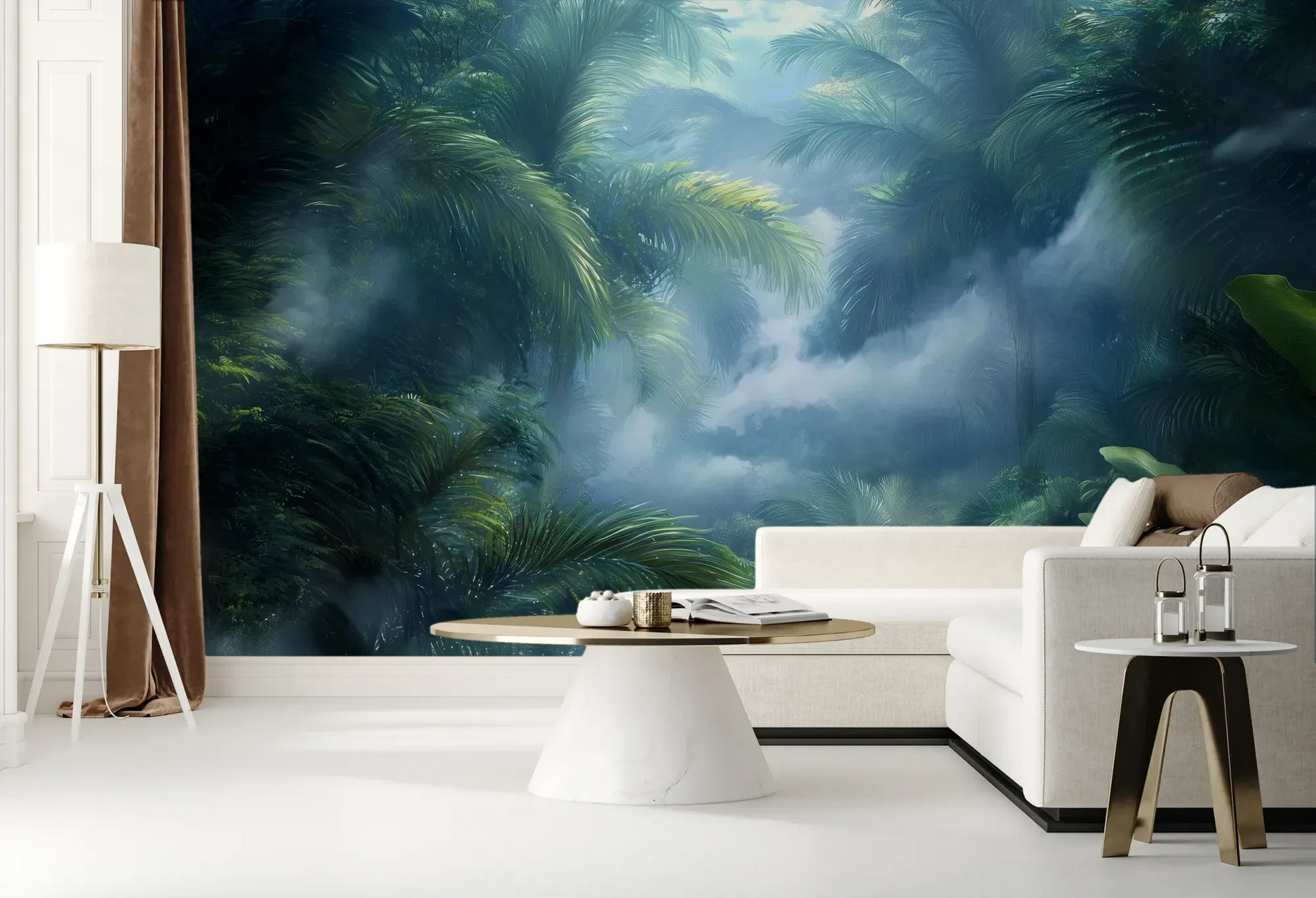 Wzór fototapety MISTY PARADISE - tapeta z tropikalną mglistą dżunglą pokazanej w aranżacji salonu.