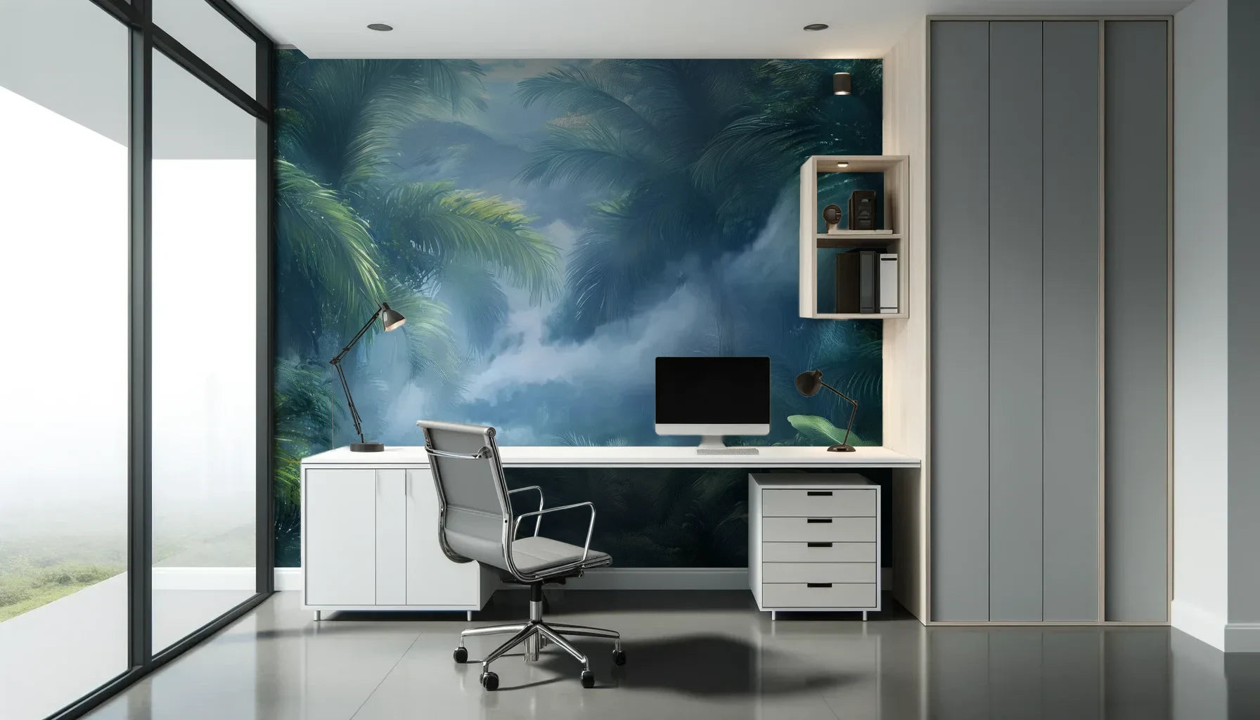 Fototapeta MISTY PARADISE - tapeta z tropikalną mglistą dżunglą pokazana w aranżacji biura.