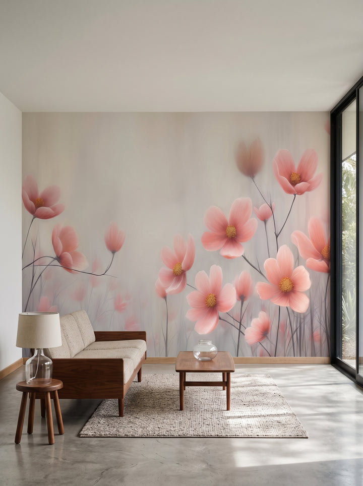 Fototapeta artystyczna o nazwie Petal Tranquility w aranżacji wnętrza: salon w kalifornijskim domu z lat 50..