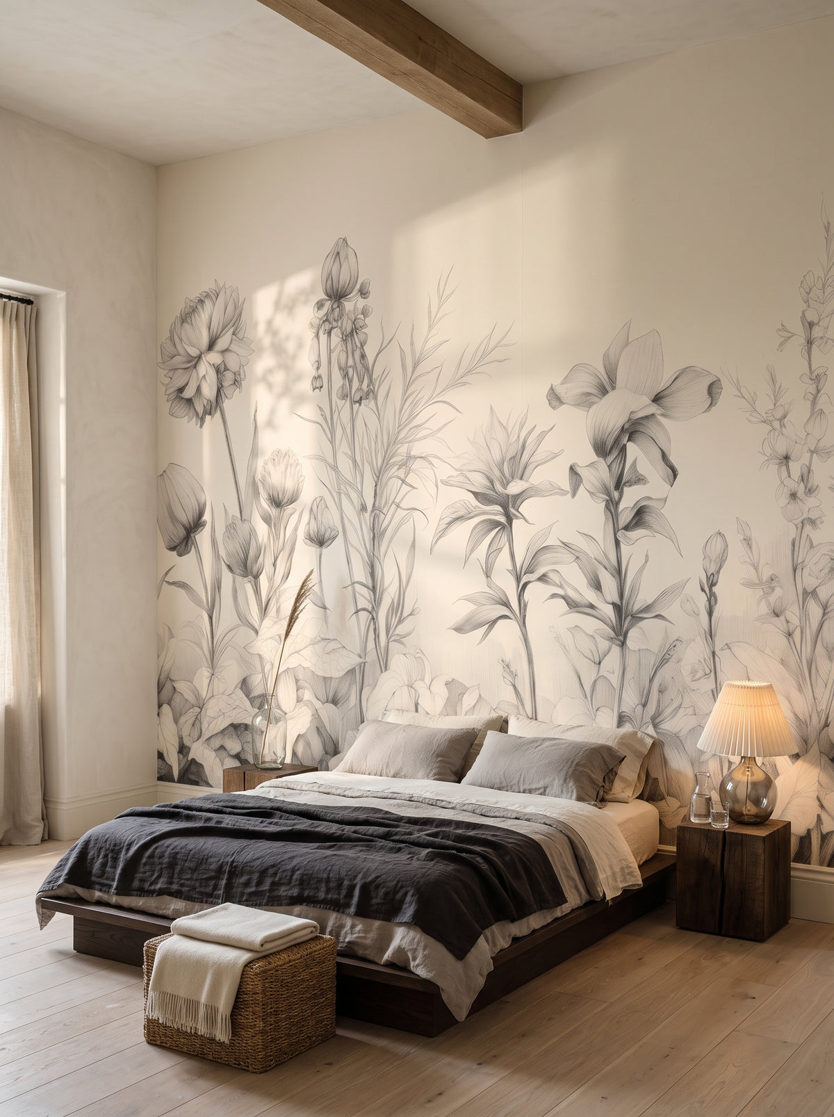 Fototapeta artystyczna o nazwie Floral Tranquility w aranżacji wnętrza: sypialnia w stylu wabi-sabi.