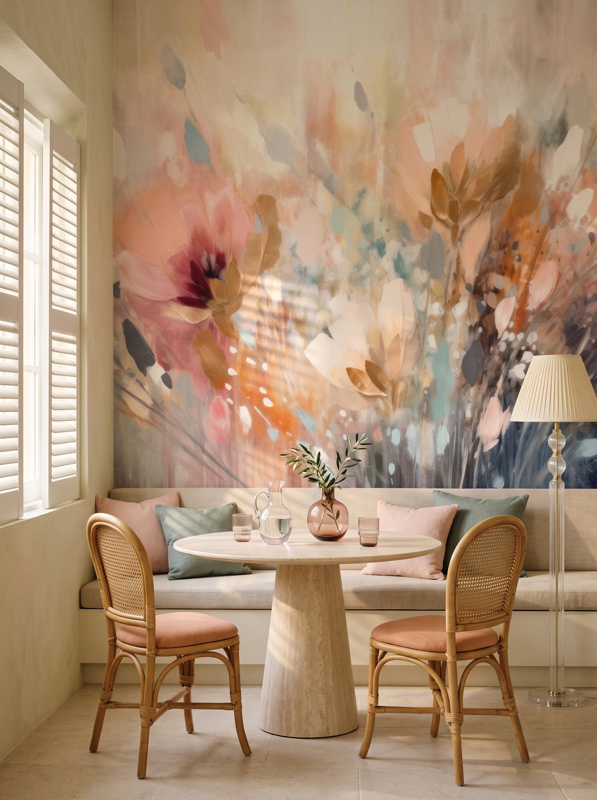 Fototapeta artystyczna o nazwie Dreamy Floral Impression w aranżacji wnętrza: kącik śniadaniowy w willi na Lazurowym Wybrzeżu.