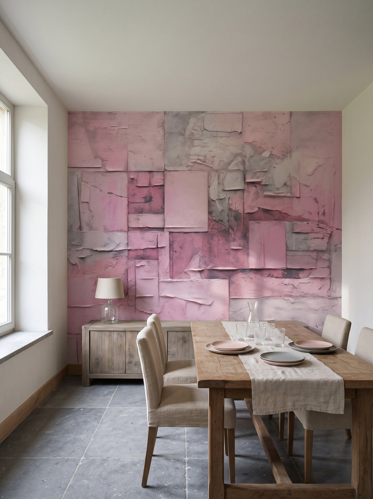 Fototapeta artystyczna o nazwie Pink Geometry w aranżacji wnętrza: kuchnia z jadalnią w belgijskim domu na wsi.