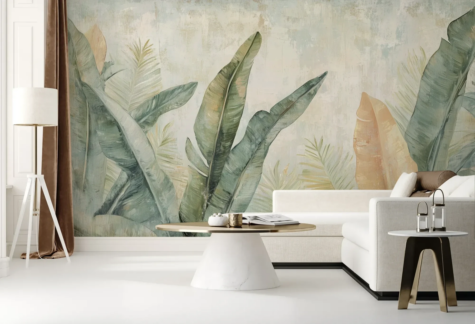 Wzór fototapety TROPIC WATERCOLORS - tapeta z egzotycznymi liśćmi w akwarelowej stylistyce pokazanej w aranżacji salonu.