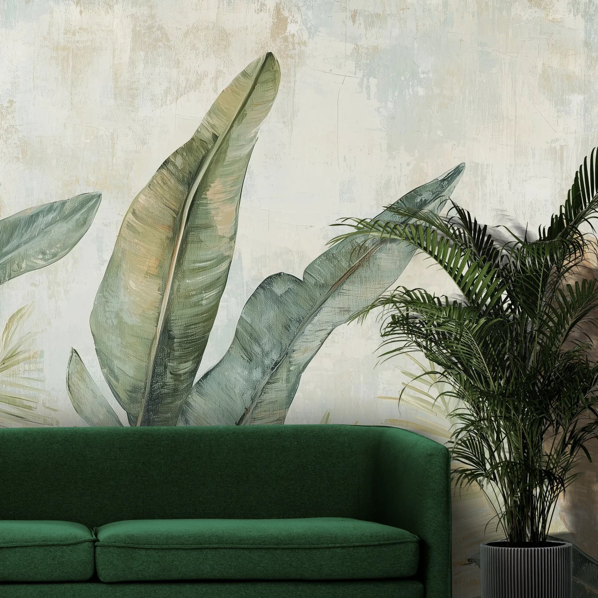 Fototapeta TROPIC WATERCOLORS - tapeta z egzotycznymi liśćmi w akwarelowej stylistyce pokazana w aranżacji wnętrza z akcentem na ścianie.