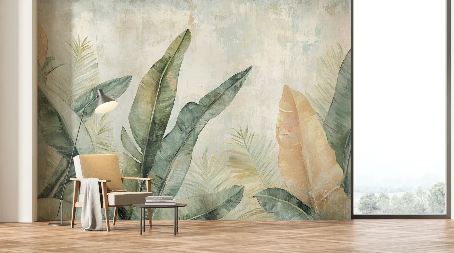 Wzór fototapety TROPIC WATERCOLORS - tapeta z egzotycznymi liśćmi w akwarelowej stylistyce pokazanej w aranżacji salonu.