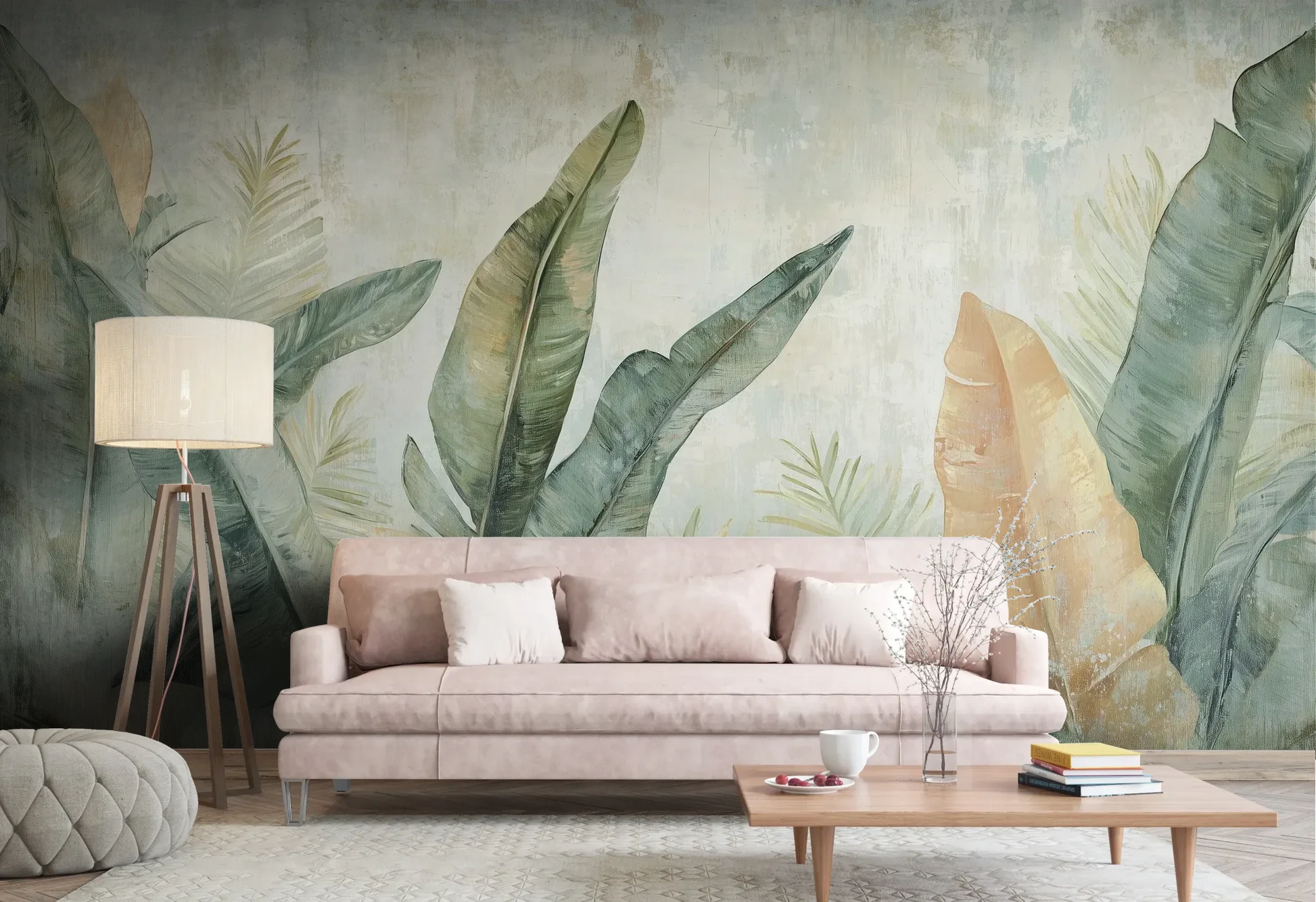 Wzór fototapety TROPIC WATERCOLORS - tapeta z egzotycznymi liśćmi w akwarelowej stylistyce pokazanej w aranżacji salonu.