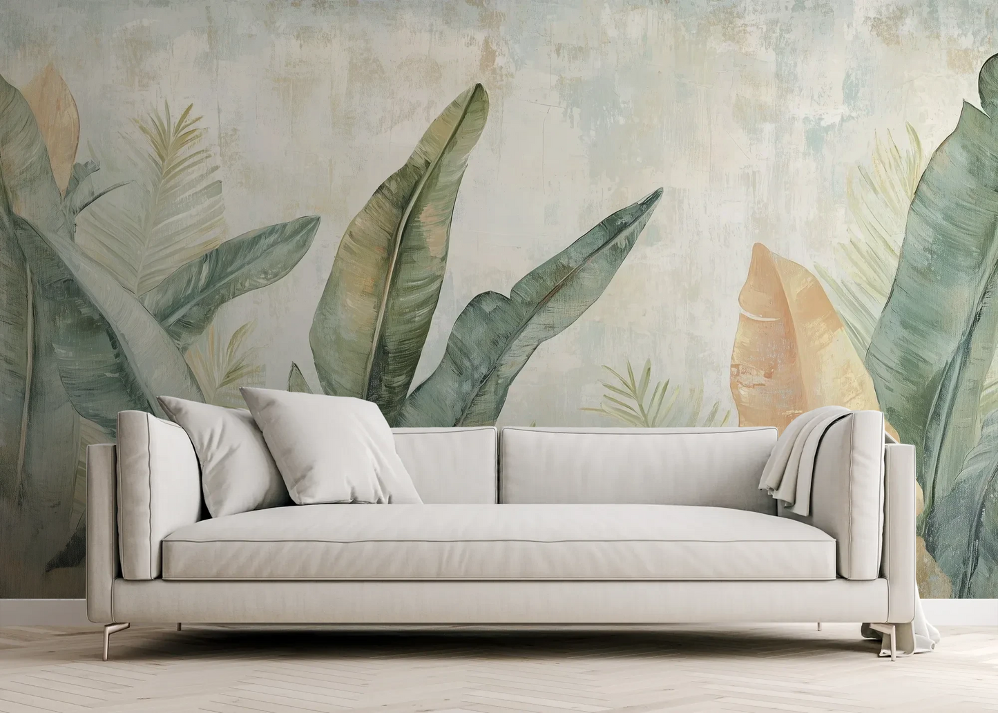Wzór fototapety TROPIC WATERCOLORS - tapeta z egzotycznymi liśćmi w akwarelowej stylistyce pokazanej w aranżacji salonu.