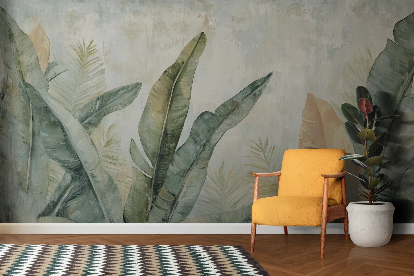 Wzór fototapety TROPIC WATERCOLORS - tapeta z egzotycznymi liśćmi w akwarelowej stylistyce pokazanej w aranżacji salonu.