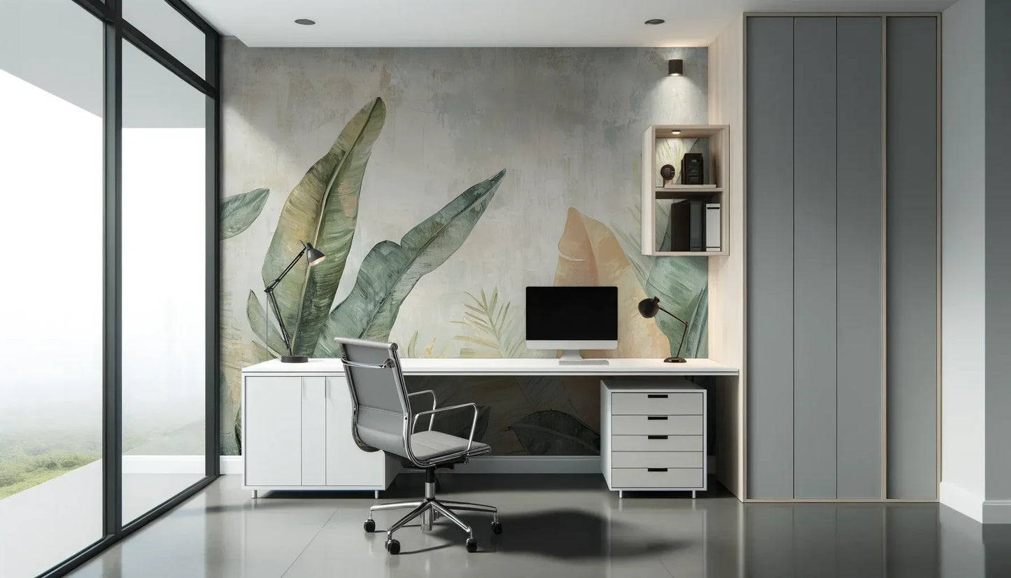 Fototapeta TROPIC WATERCOLORS - tapeta z egzotycznymi liśćmi w akwarelowej stylistyce pokazana w aranżacji biura.