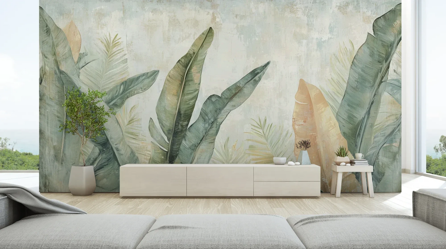 Wzór fototapety TROPIC WATERCOLORS - tapeta z egzotycznymi liśćmi w akwarelowej stylistyce pokazanej w aranżacji salonu.