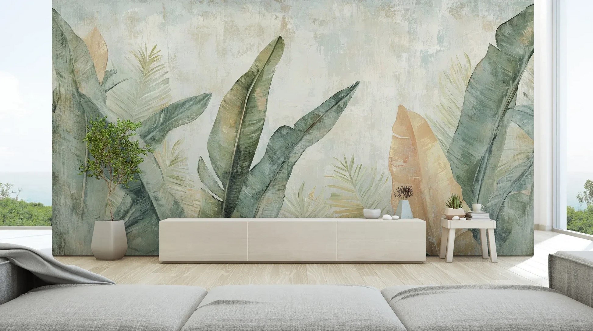 Wzór fototapety TROPIC WATERCOLORS - tapeta z egzotycznymi liśćmi w akwarelowej stylistyce pokazanej w aranżacji salonu.