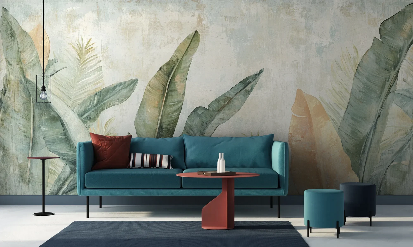 Wzór fototapety TROPIC WATERCOLORS - tapeta z egzotycznymi liśćmi w akwarelowej stylistyce pokazanej w aranżacji salonu.