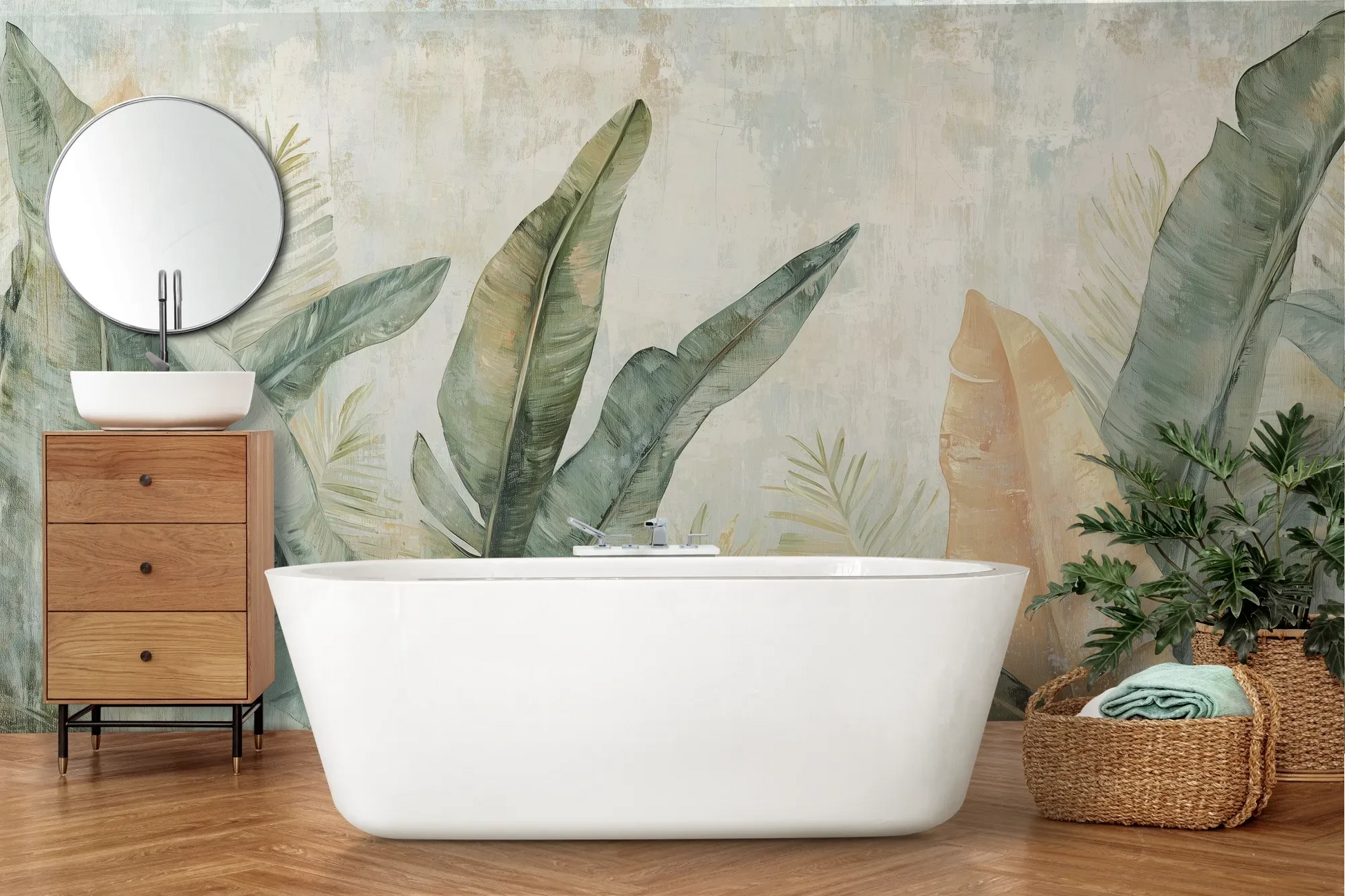 Wzór fototapety TROPIC WATERCOLORS - tapeta z egzotycznymi liśćmi w akwarelowej stylistyce pokazanej w aranżacji łazienki.