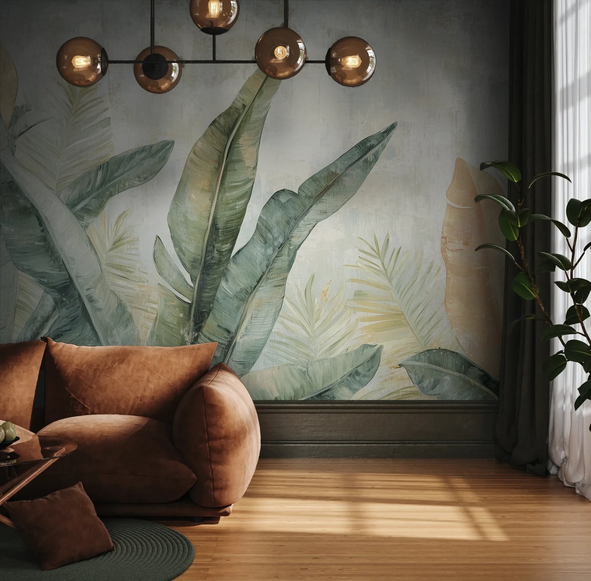 Fototapeta TROPIC WATERCOLORS - tapeta z egzotycznymi liśćmi w akwarelowej stylistyce pokazana w aranżacji wnętrza z akcentem na ścianie.