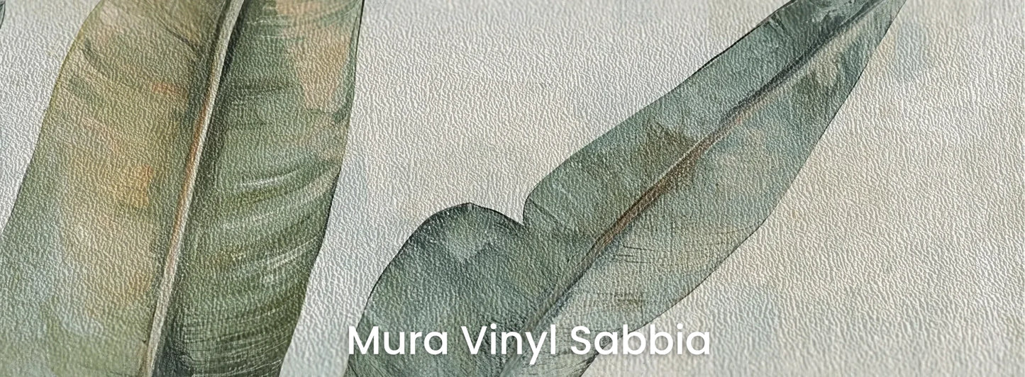Zbliżenie na fototapetę TROPIC WATERCOLORS - tapeta z egzotycznymi liśćmi w akwarelowej stylistyce na podłożu o strukturze ziarna piasku.