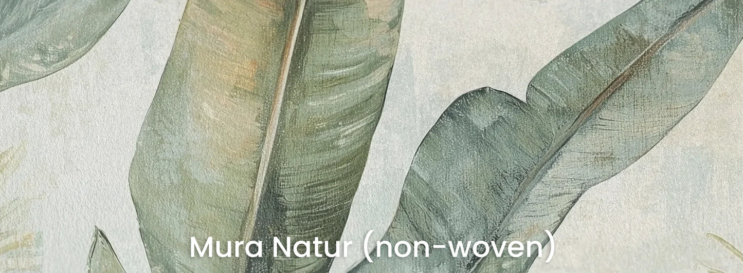 Zbliżenie na fototapetę TROPIC WATERCOLORS - tapeta z egzotycznymi liśćmi w akwarelowej stylistyce na naturalnym podłożu ekologicznym.
