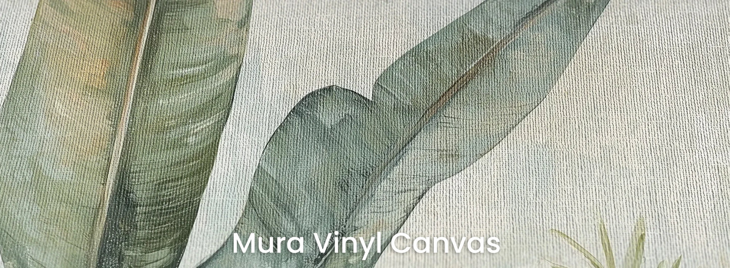 Zbliżenie na fototapetę TROPIC WATERCOLORS - tapeta z egzotycznymi liśćmi w akwarelowej stylistyce na podłożu o fakturze płótna.