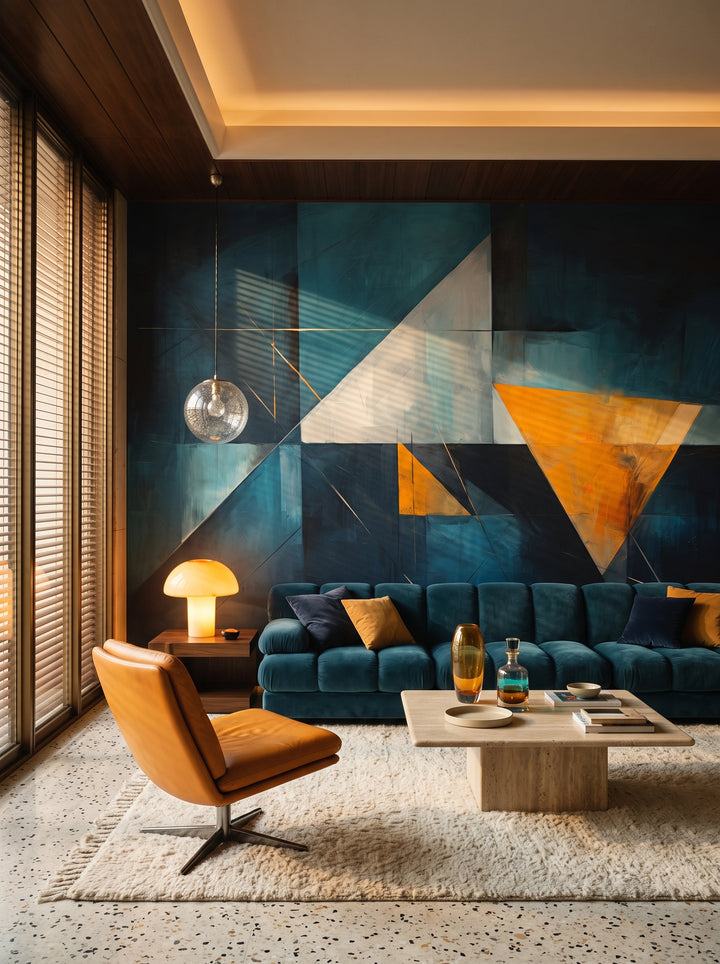 Fototapeta artystyczna o nazwie Blue Triangle w aranżacji wnętrza: salon w mediolańskim apartamencie z lat 70..