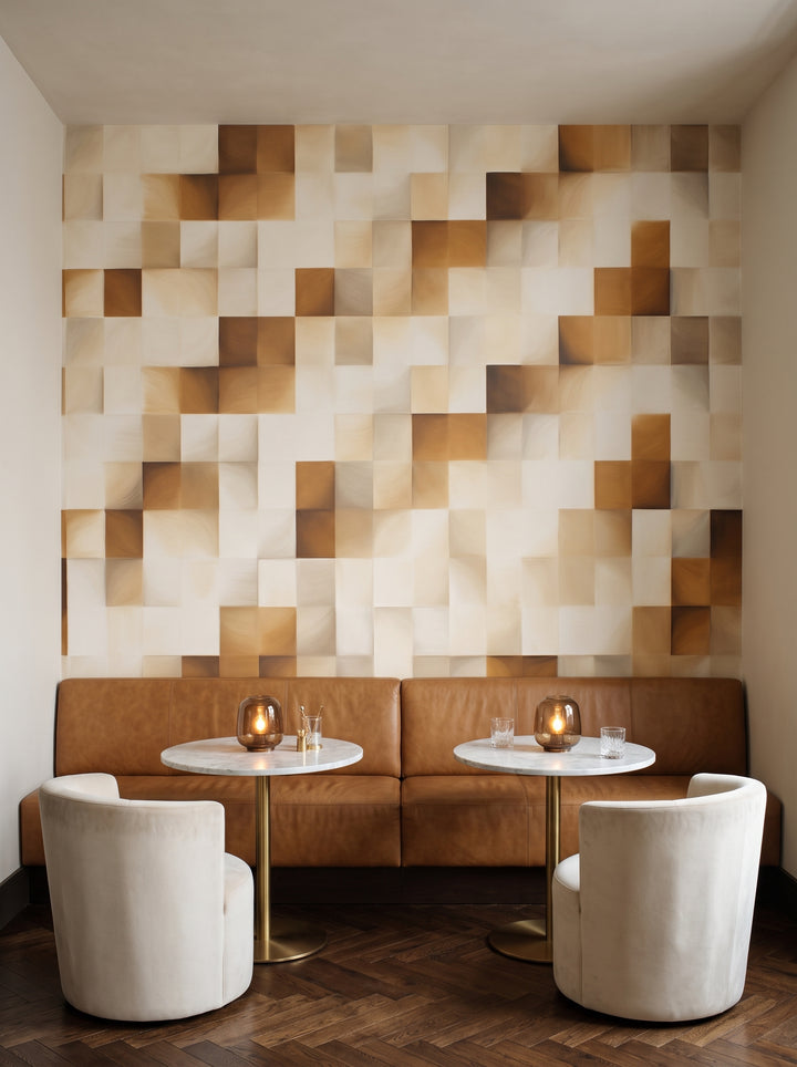 Fototapeta artystyczna o nazwie Cubic Illusion w aranżacji wnętrza: bar hotelu butikowego.