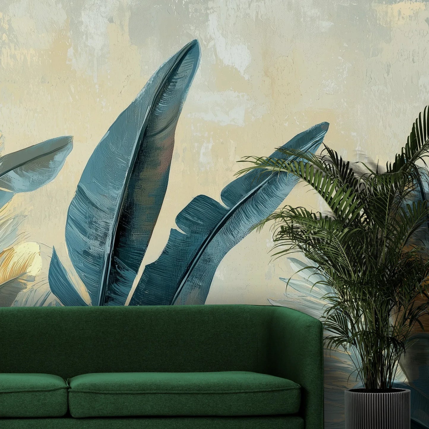 Fototapeta NAVY TROPICS - tapeta z tropikalnymi liśćmi w głębokich odcieniach błękitu pokazana w aranżacji wnętrza z akcentem na ścianie.