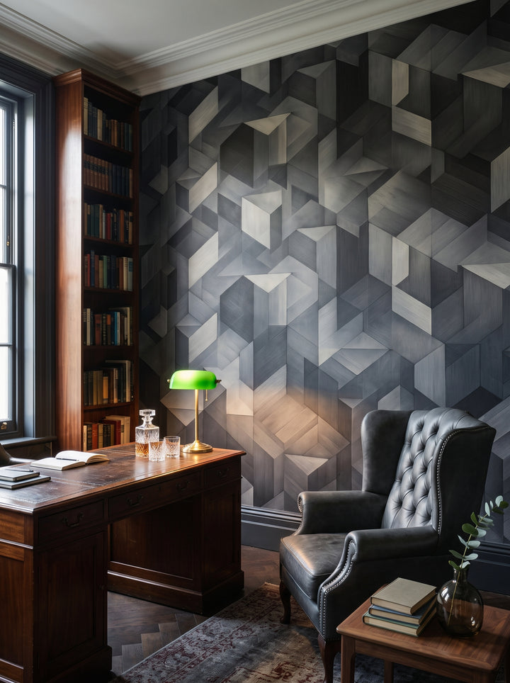 Fototapeta artystyczna o nazwie Dark Timber Mosaic w aranżacji wnętrza: prywatna biblioteka w stylu angielskiego klubu.