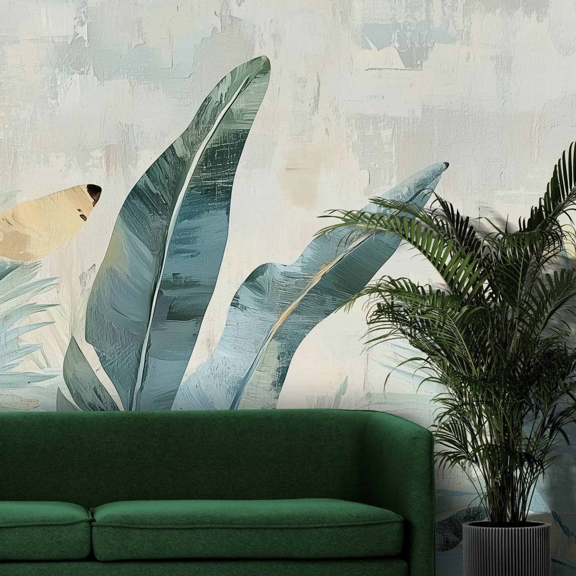 Fototapeta TROPICAL WATERWAY - tapeta z egzotycznymi liśćmi bananowca w pastelowych odcieniach pokazana w aranżacji wnętrza z akcentem na ścianie.