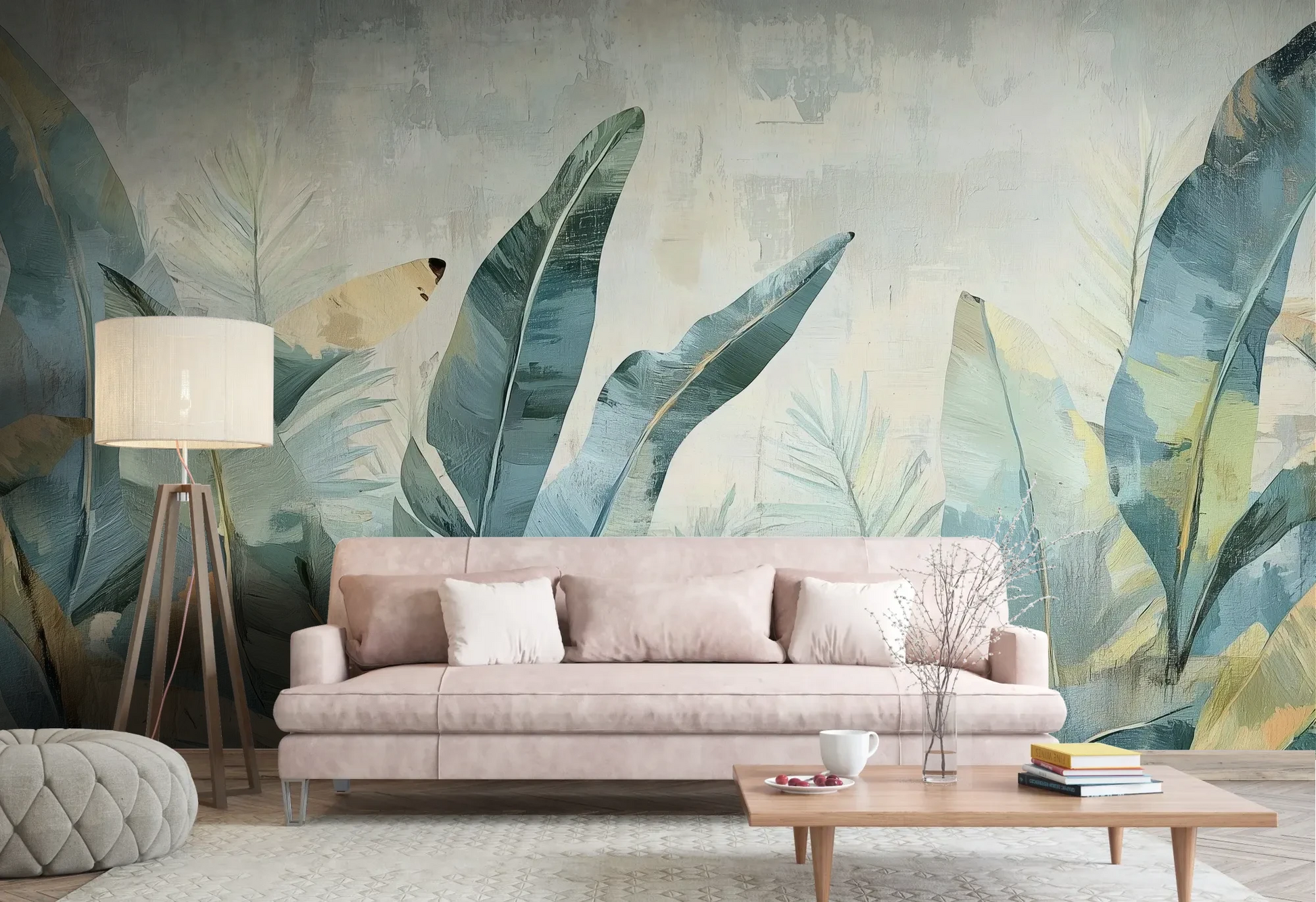 Wzór fototapety TROPICAL WATERWAY - tapeta z egzotycznymi liśćmi bananowca w pastelowych odcieniach pokazanej w aranżacji salonu.