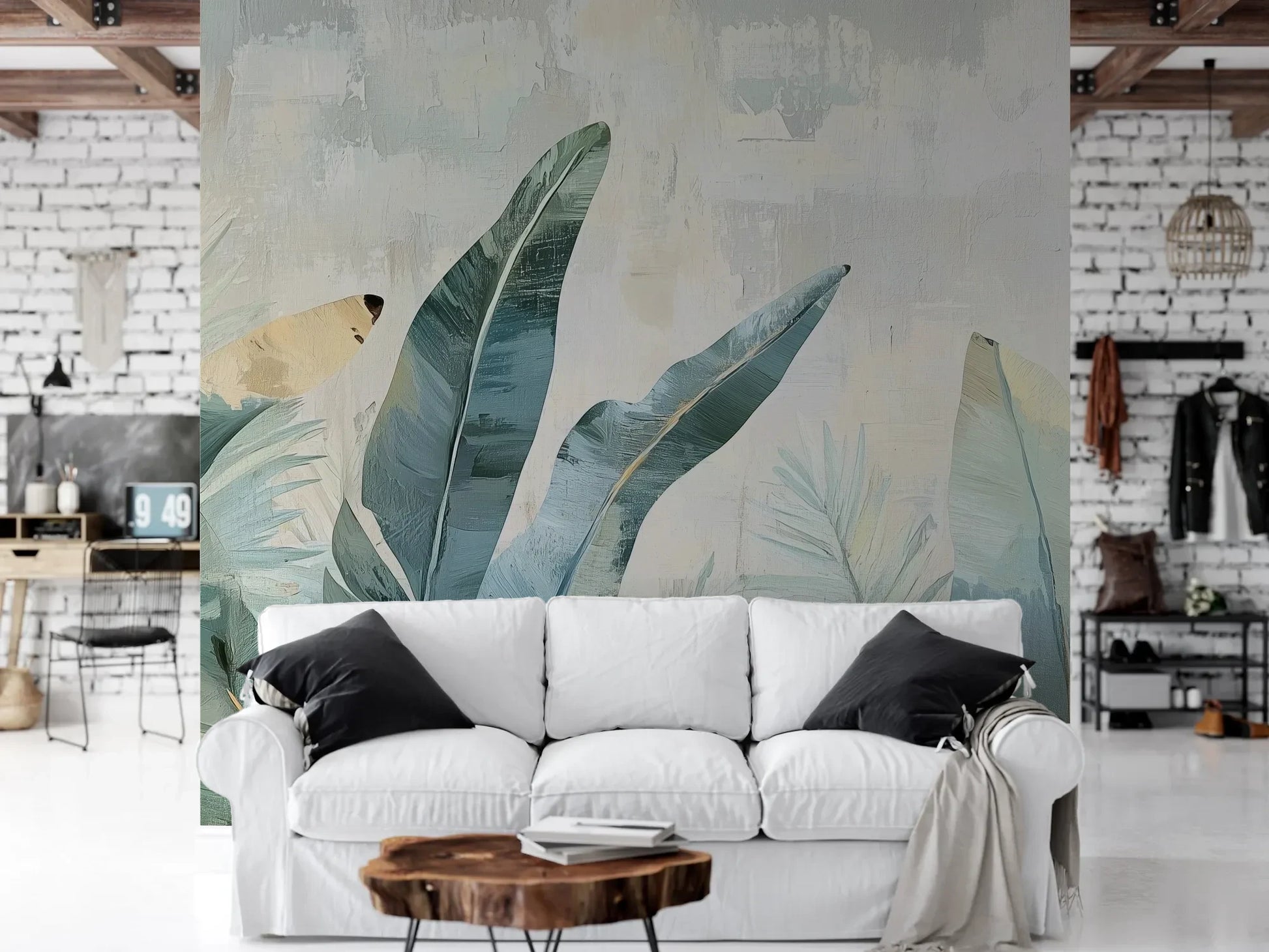 Wzór fototapety TROPICAL WATERWAY - tapeta z egzotycznymi liśćmi bananowca w pastelowych odcieniach pokazanej w aranżacji salonu.
