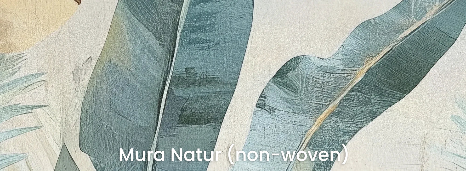 Zbliżenie na fototapetę TROPICAL WATERWAY - tapeta z egzotycznymi liśćmi bananowca w pastelowych odcieniach na naturalnym podłożu ekologicznym.