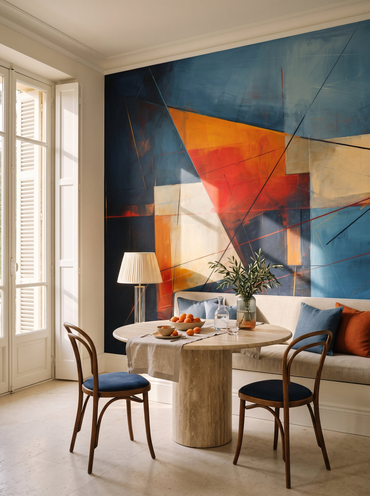 Künstlerische Fototapete „Dynamic Contrast“ im Interieur: Frühstücksecke in einer Villa an der Côte d'Azur.