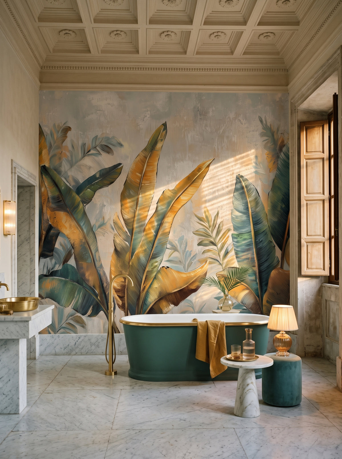 Fototapeta artystyczna o nazwie GILDED FOLIAGE w aranżacji wnętrza: łazienka w rzymskim palazzo.