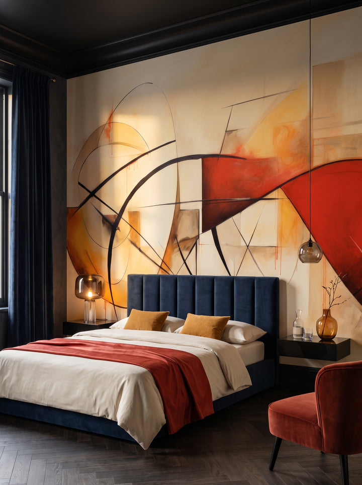 Fototapeta artystyczna o nazwie Artistic Whirl w aranżacji wnętrza: ciemna, otulająca sypialnia w hotelu butikowym.